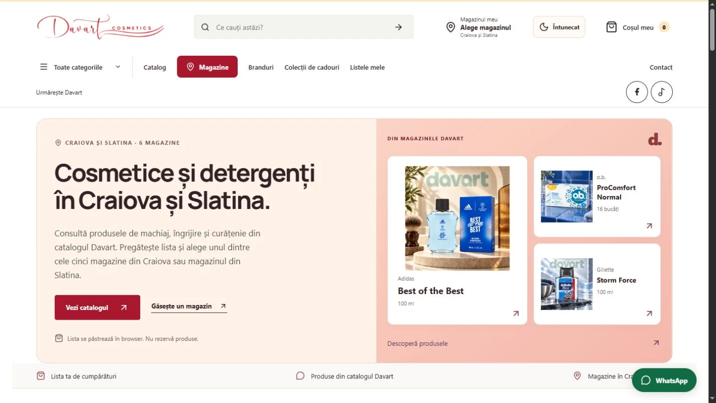Captură a site-ului Davart: catalog de produse și magazine în Craiova și Slatina